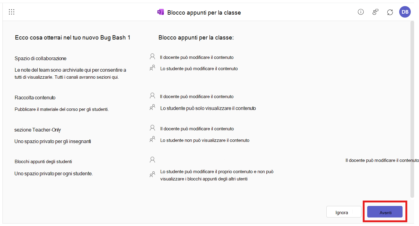 L'app Blocco appunti per la classe è aperta nell'integrazione LTI di M365. All'utente viene richiesto di rivedere la struttura del blocco appunti