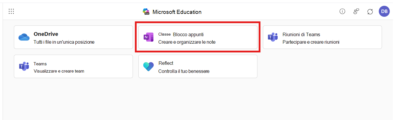 Screenshot di Microsoft 365 LTI'app con Blocco appunti per la classe selezionato