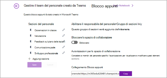 Screenshot della pagina di gestione delle impostazioni di Blocco appunti per personale in OneNote.