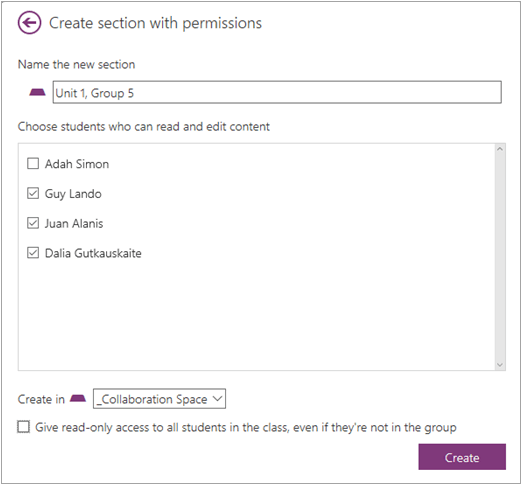 Screenshot of creating section with permissions.