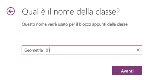 Digitare un nome per il blocco appunti della classe e fare clic su Avanti.