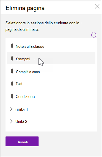 Scegliere la sezione dello studente con la pagina da eliminare.