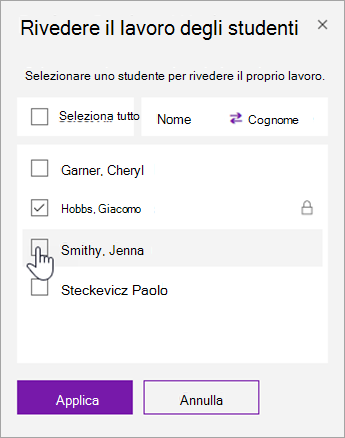 Selezionare la casella di controllo per bloccare la pagina di un singolo studente.