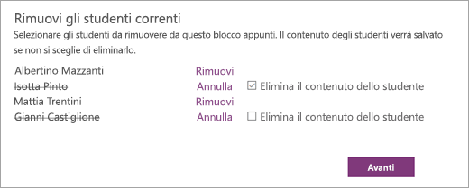 Aprire l'elenco Rimuovi studenti correnti con i nomi degli studenti selezionati. La casella di controllo accanto al nome di un studente selezionato è Elimina il contenuto degli studenti.