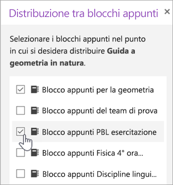 Finestra per la selezione distribuzione tra blocchi appunti