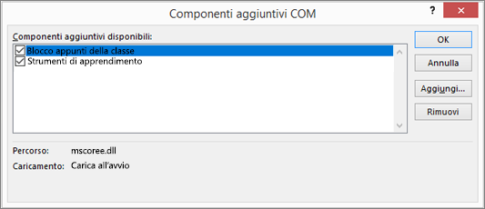 Riquadro Componenti aggiuntivi COM