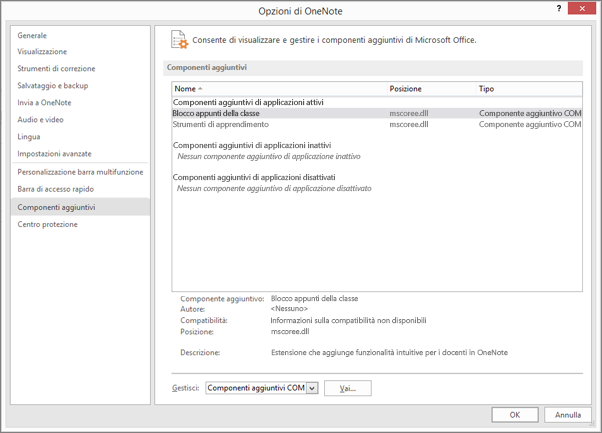 Riquadro per la gestione dei componenti aggiuntivi di Office con il blocco appunti per la classe selezionato. Sezione per la gestione dei componenti aggiuntivi COM con il pulsante Vai.