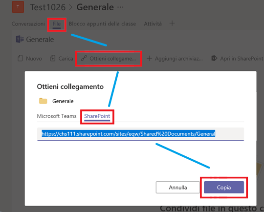 Fare clic su Files, su Ottieni collegamento, quindi su SharePoint e infine su Copia