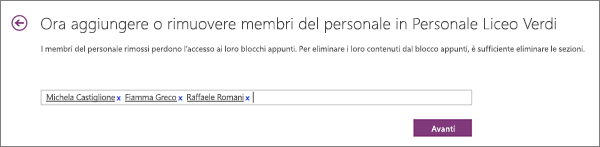 Digitare i nomi dei membri del personale da aggiungere al blocco appunti per personale.