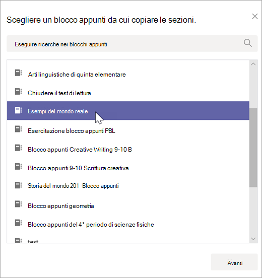 Scegliere un blocco appunti da cui copiare le sezioni.