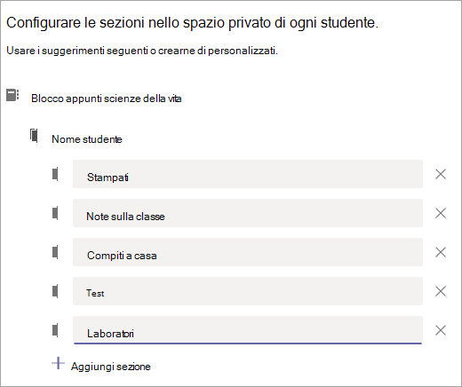 Configurare le sezioni nello spazio privato di ogni studente.