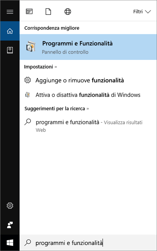 Aprire il menu Start e digitare Programmi e funzionalità
