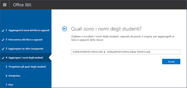 Screenshot che illustra come aggiungere i nomi degli studenti nell'app Blocco appunti di OneNote per la classe.
