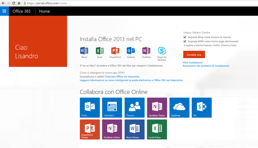 Screenshot su come installare Office 365 in un PC.