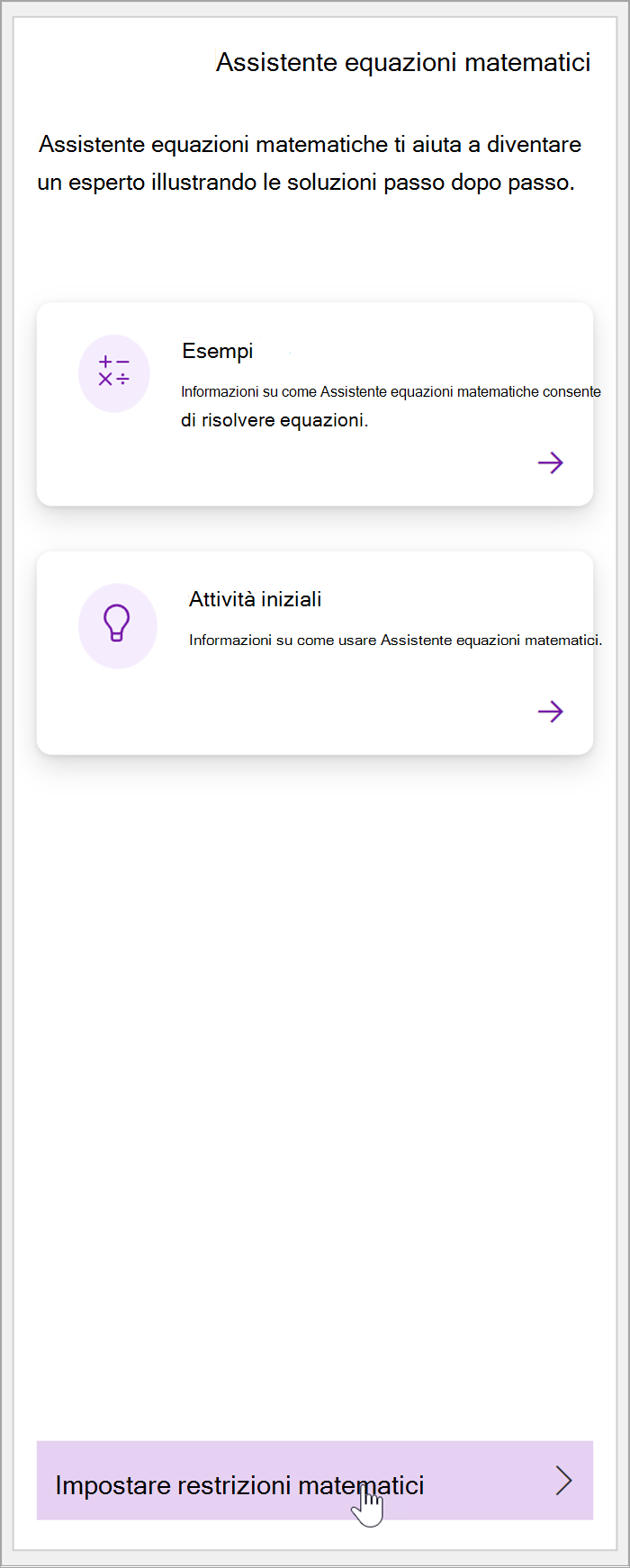 screenshot del riquadro matematica in OneNote. Un cursore passa sul pulsante Imposta restrizioni matematiche