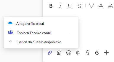 Screenshot che mostra il menu File allegato con le opzioni di caricamento e file nel cloud.