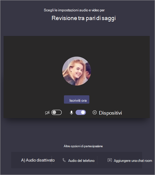 Screenshot che mostra come scegliere le impostazioni audio e video per la riunione di Teams prima di partecipare.