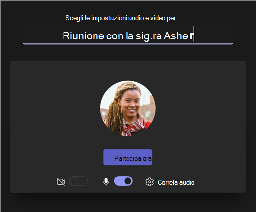 Screenshot dell'apertura della schermata quando il docente inizia una riunione in Microsoft Teams per l’istruzione.