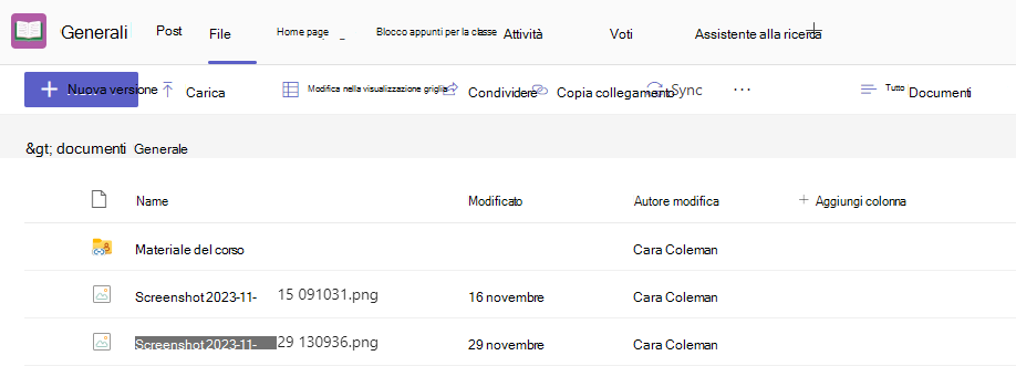 Screenshot dei file.
