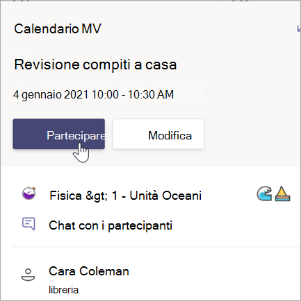Screenshot che mostra la scheda riunione Revisione compiti a casa con il pulsante Partecipa.