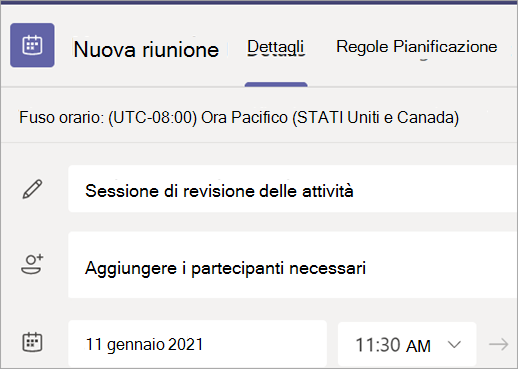 Screenshot che mostra il modulo Nuova riunione in Teams con i campi titolo, partecipanti, data e ora.
