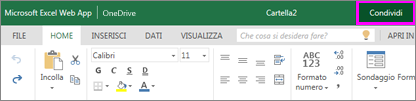 Screenshot che mostra il pulsante Condividi sulla barra multifunzione di Excel.