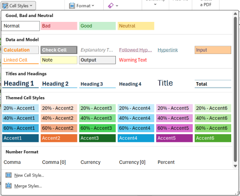 Screenshot degli stili di cella in Excel.