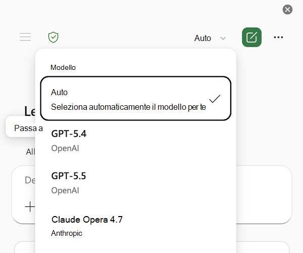 Screenshot del menu di selezione modello Copilot in Excel, con Auto selezionato.