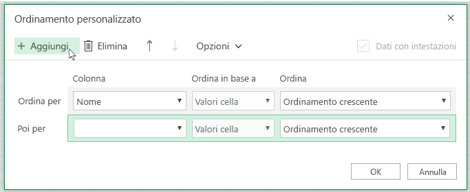 Dopo aver fatto clic su Aggiungi un altro livello di ordinamento verrà visualizzato nell'elenco accanto a Quindi per