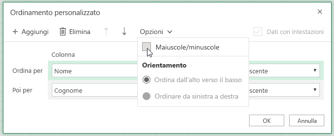Caso di finestra di dialogo ordinamento personalizzato quando vengono selezionati dati sensibili