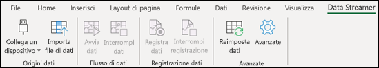 Componente aggiuntivo Data Streamer nel menu barra multifunzione di Excel
