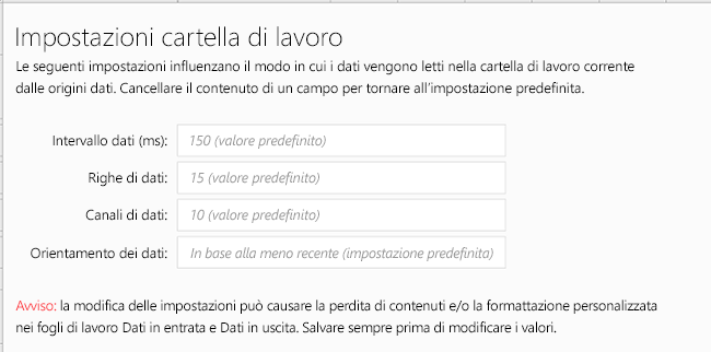 Visualizzare la scheda Impostazioni cartella di lavoro per Data Streamer