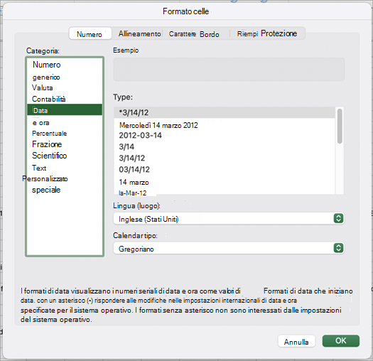 Finestra di dialogo Formato data