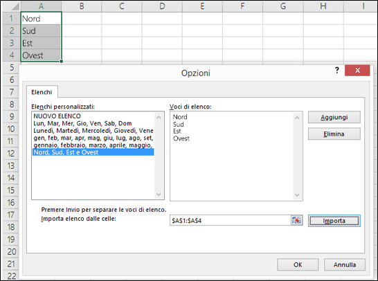 Finestra di dialogo Elenco personalizzato da Opzioni > file>: Avanzate>, Generale>, Modifica elenchi personalizzati. Per Excel 2007, fare clic sul pulsante > Office, Opzioni > di Excel, Elenco di elementi più frequenti>, Modifica elenchi personalizzati.
