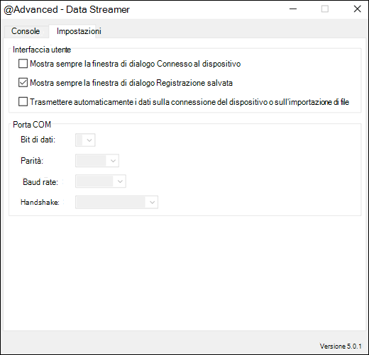 Componente aggiuntivo di Excel Data Streamer Impostazioni avanzate Scheda Impostazioni