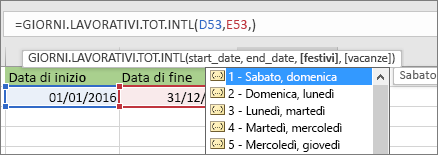 Elenco intellisense che mostra 2 - domenica, lunedì, 3 - lunedì, martedì e così via