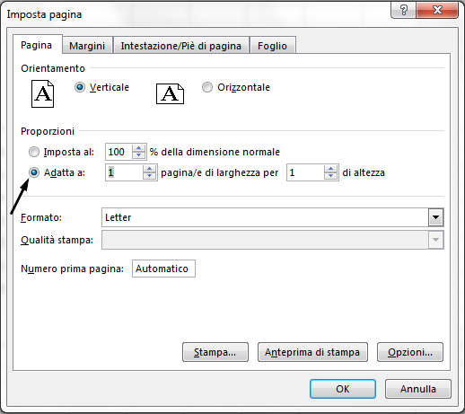 Definire l'opzione Adatta a nella finestra di dialogo Imposta pagina.