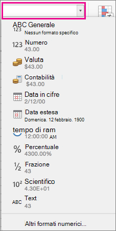 Casella Formato numero nella scheda Home
