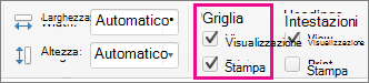 Screenshot che mostra la scheda Layout di pagina, in Griglia, selezionare Stampa.