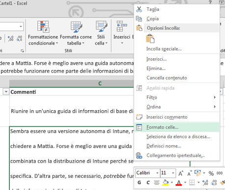 Scegliere Formato celle dal menu di scelta rapida.