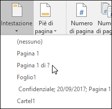 Opzioni predefinite in Intestazione & Piè di pagina