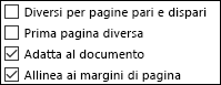 Opzioni per intestazione e piè di pagina nella finestra di dialogo Imposta pagina