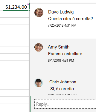 Cella con 1.234,00 dollari e un commento in thread allegato: Dave Ludwig: Questa cifra è corretta? Amy Smith: Fammi controllare... E così via