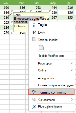 Formattare un commento selezionando il testo da formattare, quindi fare clic con il pulsante destro del mouse e scegliere Formato commento.