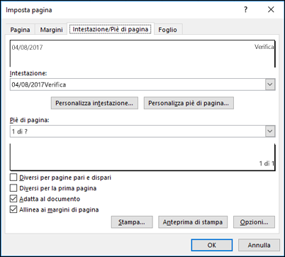 Imposta > pagina Opzioni intestazione e piè