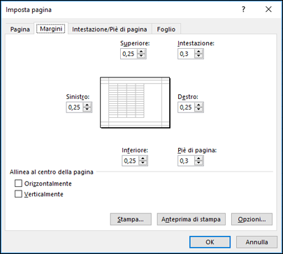 Imposta > pagina Opzioni margine