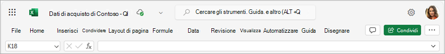 Screenshot che mostra la barra multifunzione di Excel senza l'elenco completo dei comandi in ogni scheda.