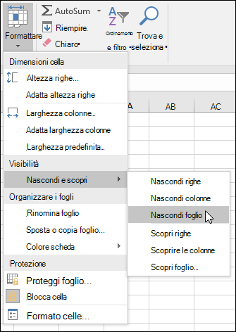 Visualizzare o nascondere fogli di lavoro dalla schermata Home. > Celle > Formattare >> VIsibilità Nascondi & Mostra