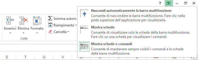 Quando si fa clic sull'icona Opzioni visualizzazione barra multifunzione viene visualizzato un menu.