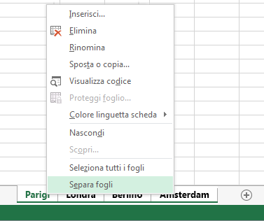 Il comando Separa fogli è selezionato nel menu di scelta rapida.